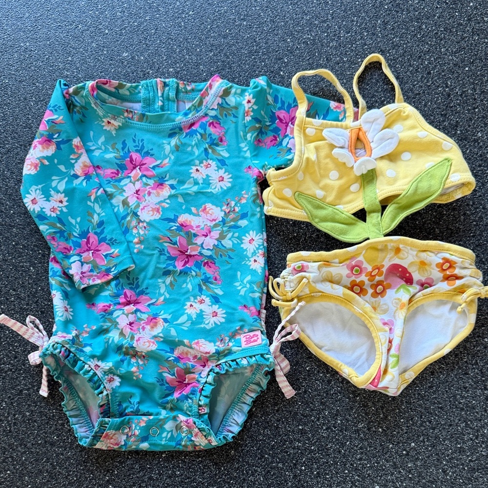 Ruffle Butts Turquoise Floral Long Sleeve One-Piece & Yellow Daisy Bikini Set